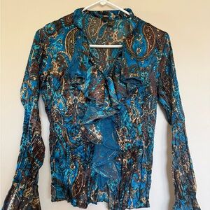 Paisley Ruffle Blouse - Blue and Brown